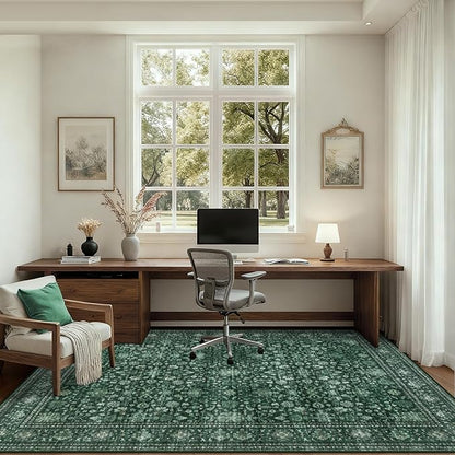 Area Rugs 10x12 Living Room Rug: Washable Rug Soft Vintage Distressed Floral Carpet Indoor Non-Slip Stain Resistant Large Carpets for Bedroom Dining Room Farmhouse Nursery Home Office Deep Green