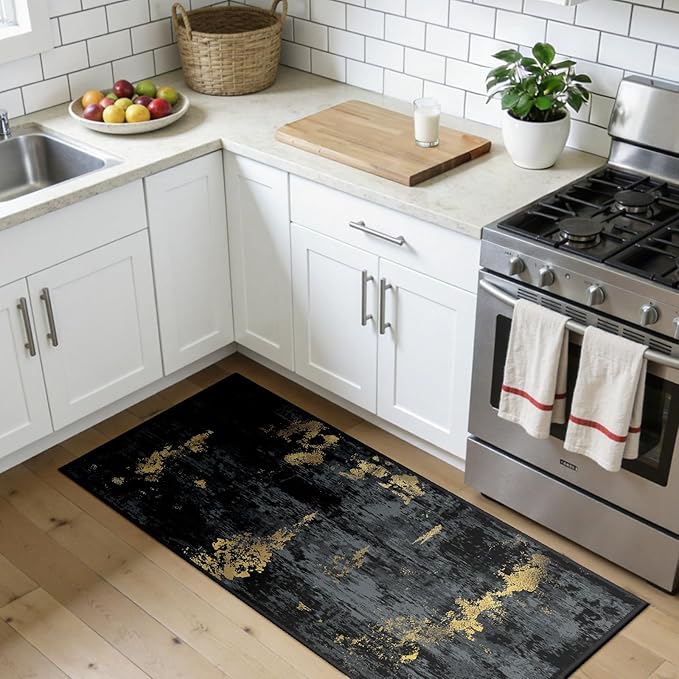 Washable Area Rugs 2'x5' Non-Slip Modern Abstract Soft for Living Room Entryway Bedroom Nursery, Print Pattern, Dark Black Gold