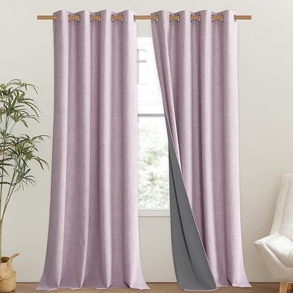 NICETOWN Pink Vintage Linen 100% Blackout Curtains for Living Room, Thermal Insulated Curtains 102" Long, Noise Reducing Window Treatment Drapes for Hall Room, 52" Wide Per Panel, Set of 2