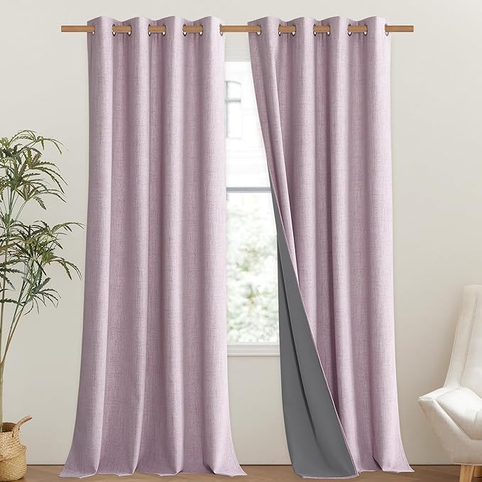 NICETOWN Pink Vintage Linen 100% Blackout Curtains for Living Room, Thermal Insulated Curtains 108" Long, Noise Reducing Window Treatment Drapes for Hall Room, 52" Wide Per Panel, Set of 2
