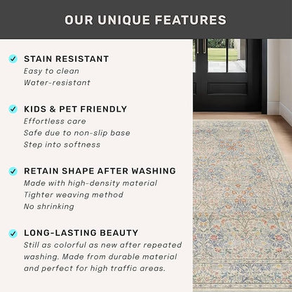 Washable Light Blue Non Slip Bedroom Rug, 8x12 Large Area Rug for Living Room, Dining Room Under Table, Low Pile & Soft Stain Resistant Carpet - Forset Floral Design