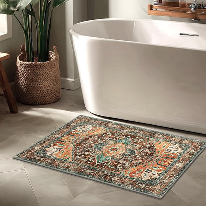 Yamaziot Washable Area Rug, 2x3 Small Entryway Rug Non-Slip Boho Vintage Rug with Rubber Backing, Polyester Soft Distressed Floor Carpet for Indoor Door Mat, Kitchen, Laundry Bathroom
