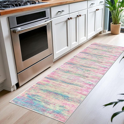 KOZYFLY Modern Abstract Runner Rug 2x6 Multi Pink Runners for Hallways Kitchen Rug Non Slip Washable Carpet Rug Runner Laundry Mat with Soft Low Pile for Entryway Bathroom Bedroom Kitchen