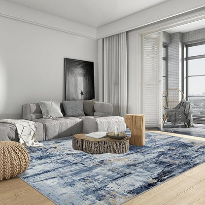 6x9 Area Rugs Washable Rug: Large Modern Abstract Living Room Rug Soft Anti-Skid Thin Carpet Indoor Floor Non-Shedding Carpets for Bedroom Dining Room Farmhouse Nursery Home Office Blue Gold
