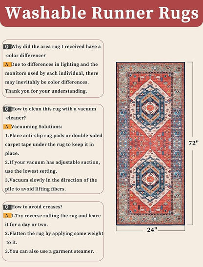 SERISSA Boho Washable Runner Rug, 2x6 Rug Runner Non-Slip Vintage Rust Hallway Kitchen Runner Rug Ultra Soft Print Distressed Tribal Floor Carpet Runner for Bedroom Bathroom Laundry Living Room