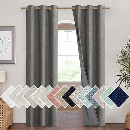 NICETOWN Grizzle Gray Vintage Linen 100% Blackout Curtains for Living Room, Thermal Insulated Curtains 90" Long, Noise Reducing Window Treatment Drapes for Hall Room, 42" Wide Per Panel, Set of 2