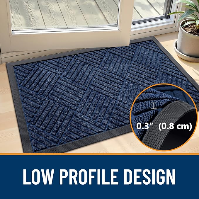 OLANLY Front Door Mat Outside Entrance 71x47, Absorbent, Heavy Duty Sturdy Natural Rubber Doormat Indoor Outdoor, Stain Fade Resistant, Non-Slip Low Profile Floor Mat for Entryway, Navy Blue Diamond