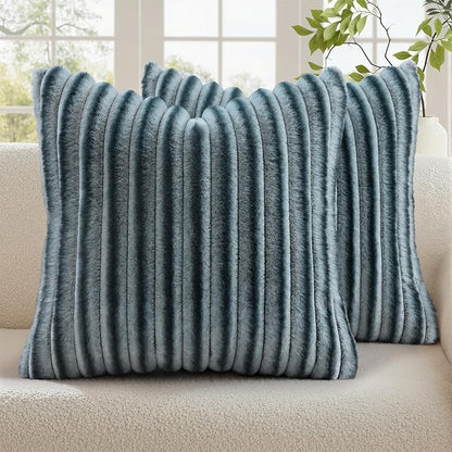 decorUhome Cozy Faux Fur Throw Pillow Covers 16x16 Set of 2 Decorative Soft Plush Striped Modern Farmhouse Boho Couch Pillow Cases with Velvet Back for Sofa Bed Living Room, Blue Grey