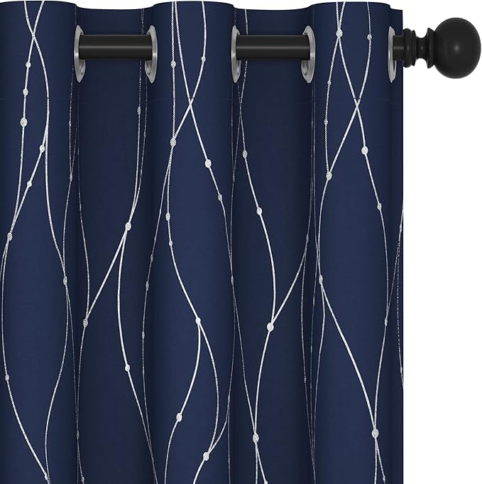 Deconovo Navy Blue Curtains, Blackout Curtain for Bedroom, 42 x 72 Inch, Thermal Insulated Soundproof Privacy Drapes with Silver Wave Dots Pattern, Grommet Top, Machine Washable Panel for Living Room