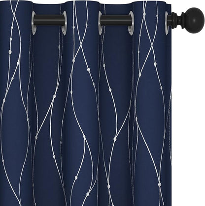 Deconovo Navy Blue Curtains, Blackout Curtain for Bedroom, 42 x 72 Inch, Thermal Insulated Soundproof Privacy Drapes with Silver Wave Dots Pattern, Grommet Top, Machine Washable Panel for Living Room