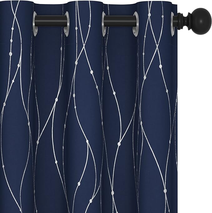 Deconovo Navy Blue Curtains, Blackout Curtain for Bedroom, 42 x 84 Inch, Thermal Insulated Soundproof Privacy Drapes with Silver Wave Dots Pattern, Grommet Top, Machine Washable Panel for Living Room