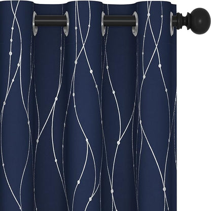 Deconovo Navy Blue Curtains, Blackout Curtain for Bedroom, 42 x 84 Inch, Thermal Insulated Soundproof Privacy Drapes with Silver Wave Dots Pattern, Grommet Top, Machine Washable Panel for Living Room