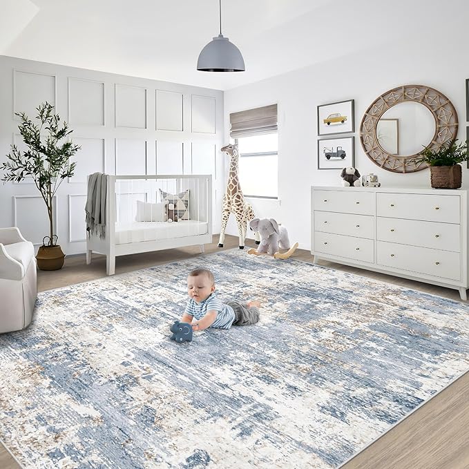 XLUEZ 8x10 Area Rugs for Living Room, Washable Modern Abstract Large Area Rug Neutral Soft Non Slip Kids Rug Stain Resistant Indoor Carpet for Bedroom Nursery Dining Room Playroom(Blue, 8'x10')
