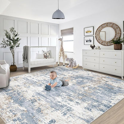 XLUEZ 8x10 Area Rugs for Living Room, Washable Modern Abstract Large Area Rug Neutral Soft Non Slip Kids Rug Stain Resistant Indoor Carpet for Bedroom Nursery Dining Room Playroom(Blue, 8'x10')