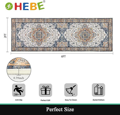 HEBE Hallway Runner Rug 2'x6' Washable Vintage Distressed Area Rugs Non Slip Laundry Rug Runner Boho Floor Carpet Runners for Hallways Entryway Laundry Room Kitchen Bathroom