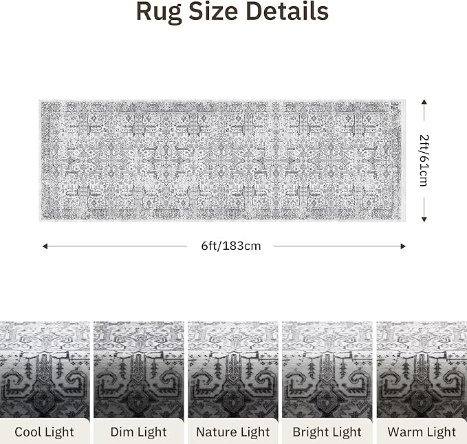 2x6 Hallway Washable Runner Rug - Soft Non Slip Vintage Rugs for Entryway Low-Pile Farmhouse Neutral Kitchen Runners Living Room Floor Mat Stain Resistant Distressed Carpet for Bedroom Bathroom Grey