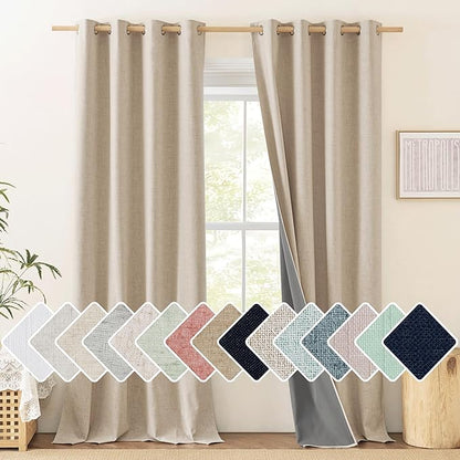 NICETOWN Oatmeal Linen 100% Blackout Curtains 120 inches Length 2 Panels Set with Thermal Insulated Liners, 52" Width, Farmhouse Style Extra Long Window Draperies for Patio Sliding Glass Door