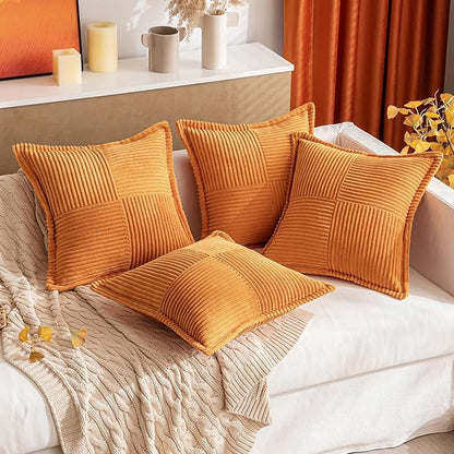 MIULEE Burnt Orange Decorative Throw Pillow Covers for Couch Bed Livingroom 18x18 Inch Set of 2 Boho Accent Throw Pllows Broadside Striped Patchwork Soft Corduroy Pillowcases