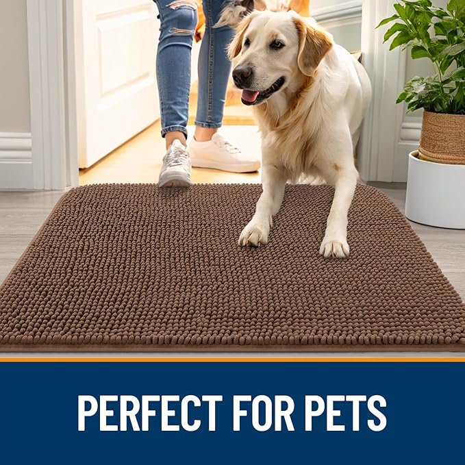 OLANLY Dog Door Mat for Muddy Paws 59x24, Absorbs Moisture and Dirt, Absorbent Non-Slip Washable Doormat, Quick Dry Chenille Mud Mat for Dogs, Entry Indoor Entryway Carpet for Inside Floor, Mocha
