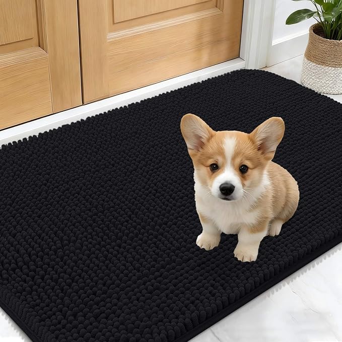 OLANLY Dog Door Mat for Muddy Paws 24x16, Absorbs Moisture and Dirt, Absorbent Non-Slip Washable Doormat, Quick Dry Chenille Mud Mat for Dogs, Entry Indoor Entryway Carpet for Inside Floor, Black