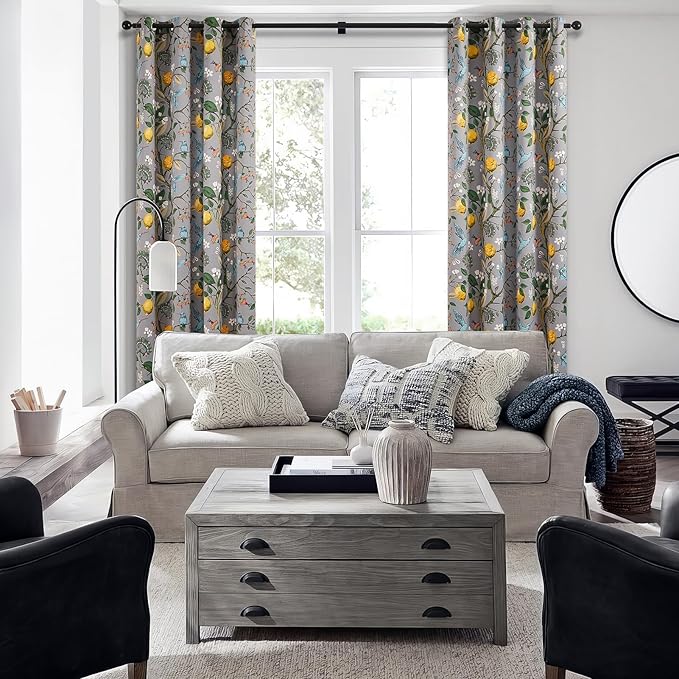 Topfinel Grey Curtains, Aesthetic Unique Rustic Thermal Insulated Noise Reducing Cottagecore Floral Flower Printed Modern Farmhouse Window Treatment 63 Inch Length 2 Panels Bedroom 52x63
