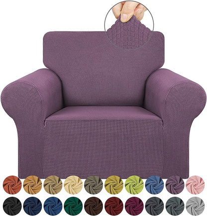 KEKUOU Stretch Single Sofa Slipcover 1 Piece Couch Sofa Cover (31"-55") Furniture Protector 1 Seater Sofa with Elastic Bottom for Kids,Pet.Jacquard Small Checked Pattern Fabric(Small,Dark Purple)