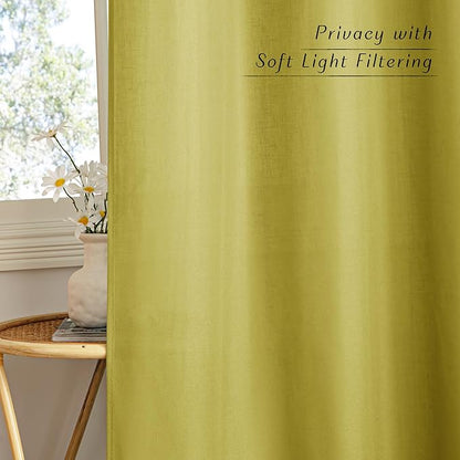 NICETOWN Bright Yellow Linen Curtains for Kitchen, Thick Flax Small Window Treatments Semi Sheer Privacy Assured with Light Through for Cafe/Bathroom, W55 x L84, 2 Panels