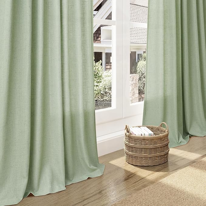 Mist Sage Linen Curtains 90 Inch Long 2 Panels Set for Bedroom Living Room Linen Textured Window Drapes Semi Sheer Light Filtering Rod Pocket Back Tab Cotton Textured Farmhouse Curtain 52x90