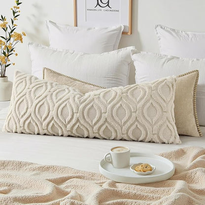 decorUhome Throw Pillow Covers 14x36 Inch Set of 1, Soft Plush Decorative Faux Fur Beige Solid Couch Pillow Covers, Accent Farmhouse Neutral Rectangular Pillow Cases for Sofa Bed Living Room
