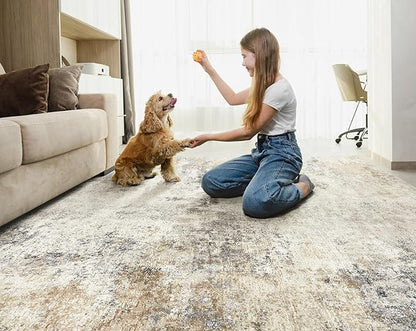UERMEI 7x9 Area Rug Living Room Rugs - Washable Neutral Modern Abstract Soft Thin Large Rug Indoor Floor No Slip Rug Carpet for Bedroom Under Dining Table Home Office Decor - Golden Grey
