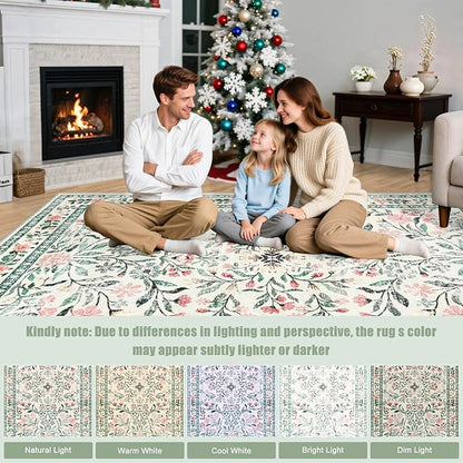 Area Rug Living Room Rugs: Floral 5x7 Washable Rug Vintage Soft Boho Non-Slip Carpet Indoor Stain Resistant Large Carpets for Bedroom Dining Room Farmhouse Nursery Hallway Home Office Green Beige