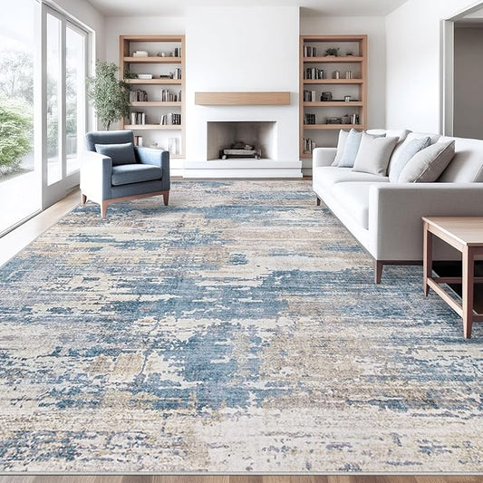 10x14 Area Rugs for Living Room, Washable Modern Abstract Large Area Rug Neutral Soft Non Slip Kids Rug Stain Resistant Indoor Carpet for Bedroom Dining Room Playroom Office(BlueBeige, 10'x14')