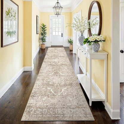 2'6"x12' Washable Hallway Runner Rug - Non Slip Kitchen Runner Rugs with Rubber Backing Vintage Low-Pile Carpet Runners for Entryway Dining Room Laundry Room Home Decor (Beige)