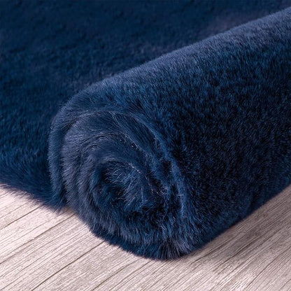 Ashler HOME DECO Ultra Soft Faux Rabbit Fur Chair Couch Cover Area Rug for Bedroom Floor Sofa Living Room Dark Blue-Rectangle 3 x 5 Feet