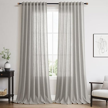 Nanspring Light Gray Linen Curtains 90 Inches Long for Living Room Simple Modern Farmhouse Linen Coastal Decor Back Tab Rod Pocket Light Filtering Semi Sheer Grey Curtain for Bedroom 52x90, 2 Panels