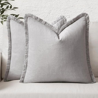 MIULEE Decorative Throw Pillow Covers Neutral Linen Fringe Throw Pillows Euro Shams Set of 2 Light Grey Boho Farmhouse Cushion Covers for Couch Sofa Bed Living Room Spring Home Decor 24x24 Inch