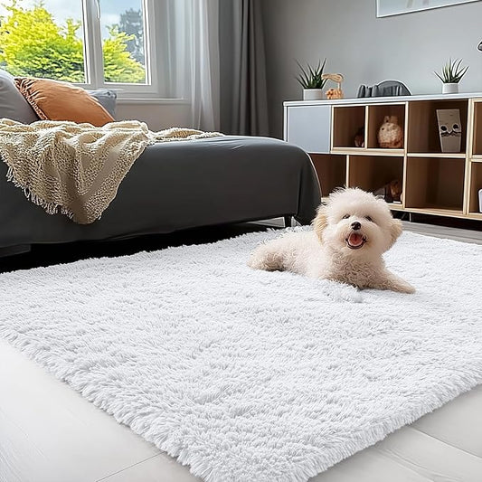 OLANLY 4x5 Machine Washable Accent Rug, Soft Fluffy Shaggy Area Rug for Bedroom, Living Room, Indoor Floor Carpet for Kids, Nursery, Home Decor, White