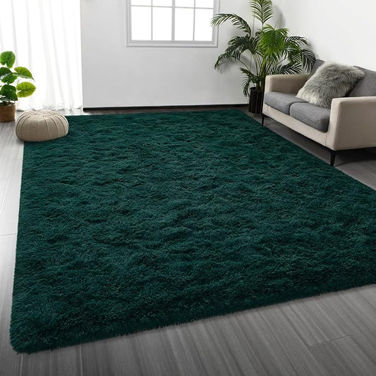 Deerhoo Soft Deep Green Area Rug Shaggy Rugs Fluffy Carpets for Living Room Bedroom Girls Room Nursery Home Decor, 4 X 6 Dark Green Tie-Dyed Plush Fuzzy Rugs, Shag Indoor Floor Bedside Rug