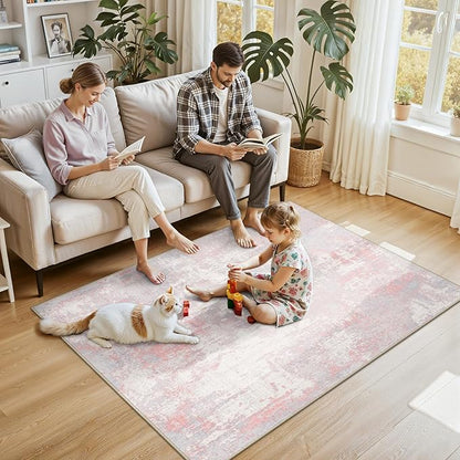 Washable Area Rugs 4'x6' Non-Slip Modern Abstract Soft for Living Room Entryway Bedroom Nursery, Print Pattern, Grey Pink