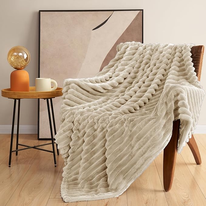 IMEET Linen Ribbed Twin Blanket for Bed - 300GSM Lightweight Soft Fleece Blanket for Men Women, Cozy Blankets Graduation Birthday Gifts, Striped Spring Home School Dorm Decor, Linen, 60x80 Inches