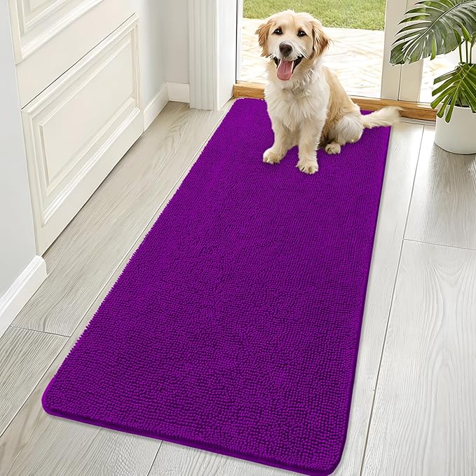 OLANLY Dog Door Mat for Muddy Paws 70x32, Absorbs Moisture and Dirt, Absorbent Non-Slip Washable Doormat, Quick Dry Chenille Mud Mat for Dogs, Entry Indoor Entryway Carpet for Inside Floor, Purple