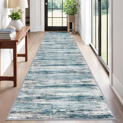 KOZYFLY Modern Abstract Hallway Runner Rug, 2.6x12 Washable Rug Runner Non-Slip Soft Striped Kitchen Runner Rugs, Print Blue Carpet Runner for Entryway Bathroom Laundry Room Foyer