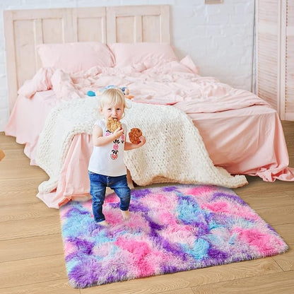 Tepook Soft Rainbow Rug for Girls Room, Cute Fluffy Girls Bedroom Rugs, 2x3 Feet Shaggy Princess Rug Colorful Carpet for Kids Teens Toddler Playroom Nursery Reading Nook, Hot Pink