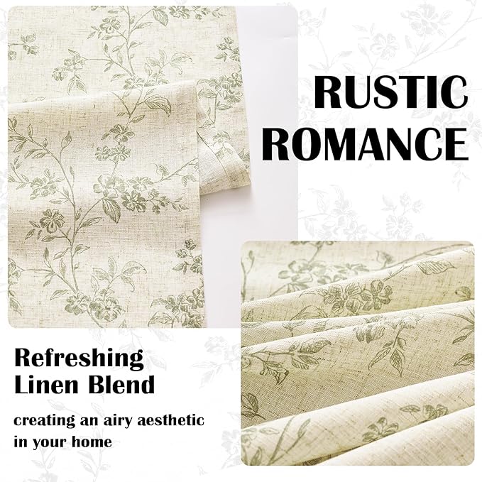 Lazzzy Floral Linen Curtains Farmhouse Extra Long Curtain for Living Room Bedroom Light Filtering Vintage Rod Pocket Back Tab Drapes for Home, 2 Panels, Green on Beige, W38 X L108