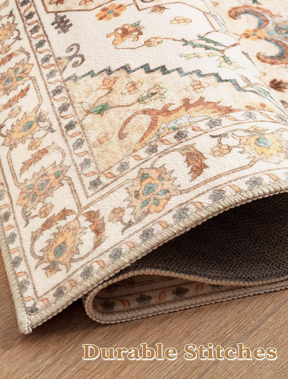 SERISSA Boho Washable Runner Rug, 2x5 Rug Runner Non-Slip Vintage Light Yellow Hallway Kitchen Runner Rug Ultra Soft Print Distressed Floor Carpet Runner for Bedroom Bathroom Laundry Living Room