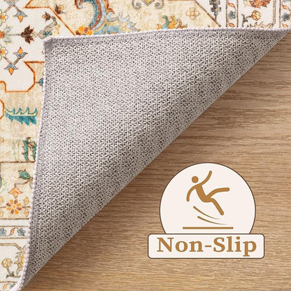 SERISSA Boho Area Rug 8x10 Light Yellow, Washable Large Rugs for Living Room, Ultra Soft Non-Slip Bedroom Rug Print Distressed Vintage Farmhouse Carpet Rug for Dining Room Dorm Office Home Decor