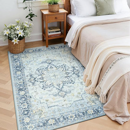 Lofus 3x5 Area Rugs for Entryway, Machine Washable Small Living Room Area Rug, Low Pile Non-Slip Rugs for Bedroom, Kitchen, Home Office, Vintage Oriental Print Rug, Blue Gold