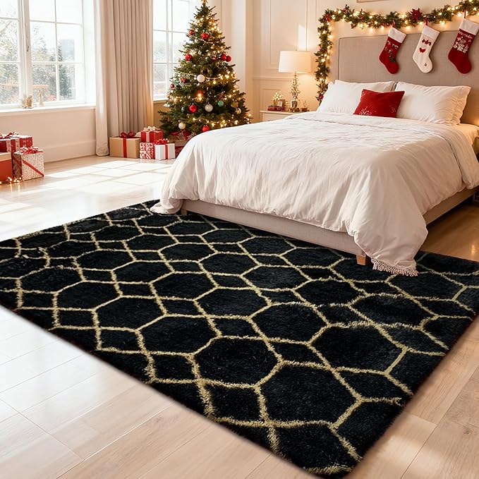 8x10 Fluffy Area Rugs for Living Room,Shag Area Rug for Bedroom,Geometric Soft Fuzzy Rug Non-Shedding Indoor Plush Carpet for Kids Bedroom Nursery Home Decor,Black and Gold