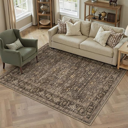 3x5 Washable Area Rug for Entryway Vintage Brown Non Slip Low Pile Carpet Traditional Retro Soft Throw Rug for Entrance Bathroom Door Mat Indoor Dorm Dining Room