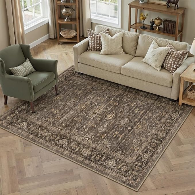 3x4 Washable Area Rug for Entryway Vintage Brown Non Slip Low Pile Carpet Traditional Retro Soft Throw Rug for Entrance Bathroom Door Mat Indoor Dorm Dining Room